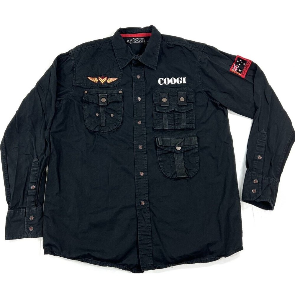 COOGI Shirt Jacket Mens Large Military Button Front Overshirt Black Pockets